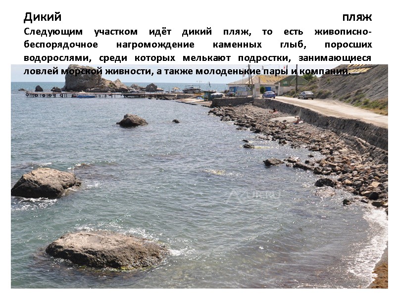 Дикий пляж Следующим участком идёт дикий пляж, то есть живописно-беспорядочное нагромождение каменных глыб, поросших